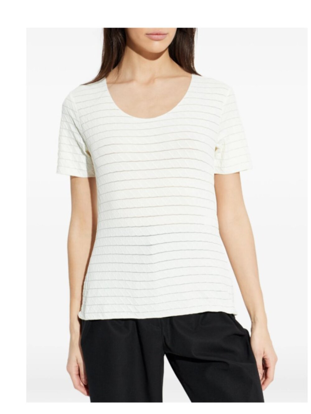 Armani Collezioni White Striped Short-Sleeve Stretchy Scoop Neck Tee Sz 10